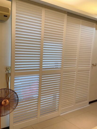 A Buyer S Guide To Plantation Shutters For French Doors   Bypass Track Plantation Shutters For French Doors 412x550 