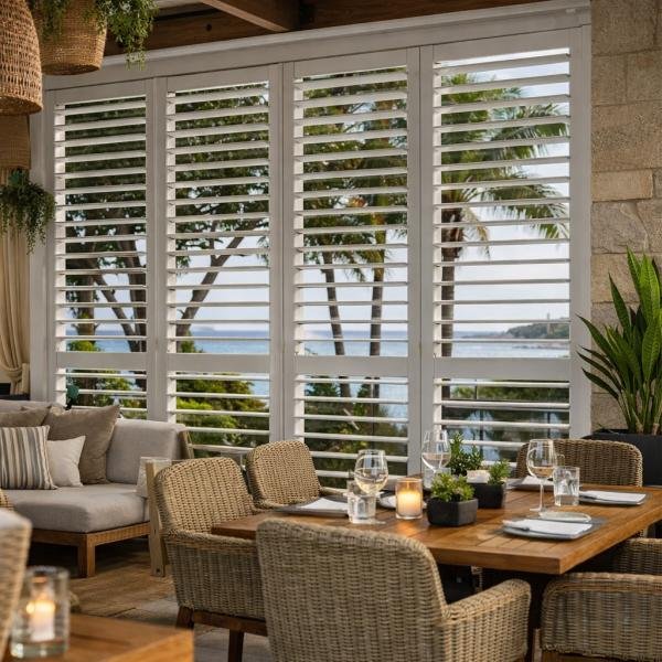 Aluminium shutters in commercial hospitality outdoor space restaurant