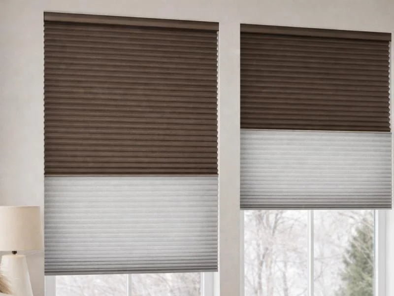 Cellular honeycomb shades installed in a bedroom -- thermal insulation window covering