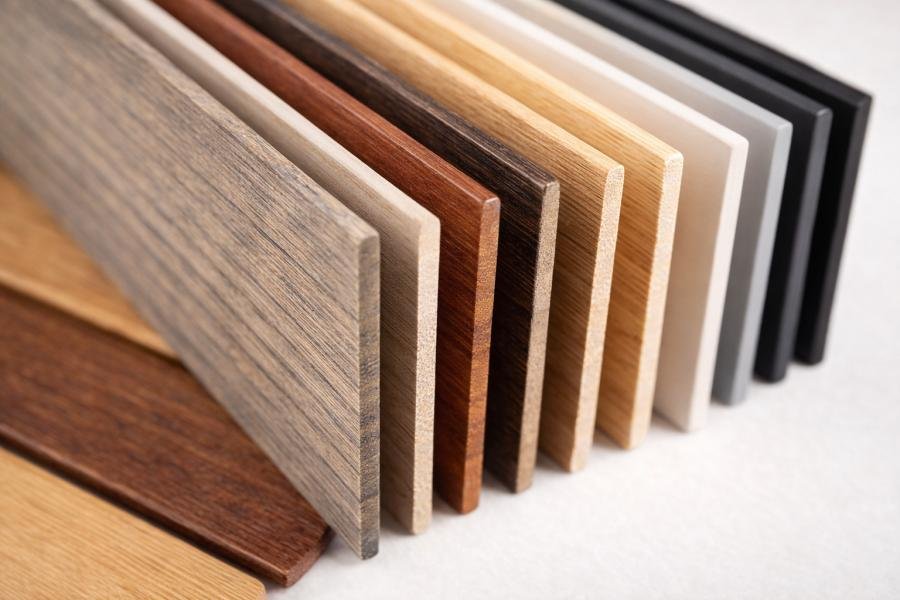 Close-up detail of venetian blind slat finishes showing natural wood, stained and painted colour options