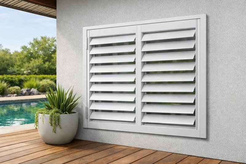 Aluminium shutters installed on outdoor pergola in Australian coastal property