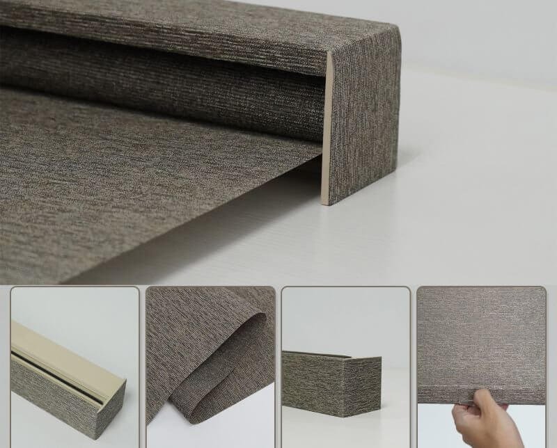 Fabric-wrapped cassette detail -- roller blind cassette with matching fabric finish