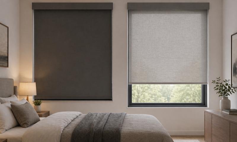 Roller blinds installed in a bedroom -- blackout and light filtering options from Bright Shutters