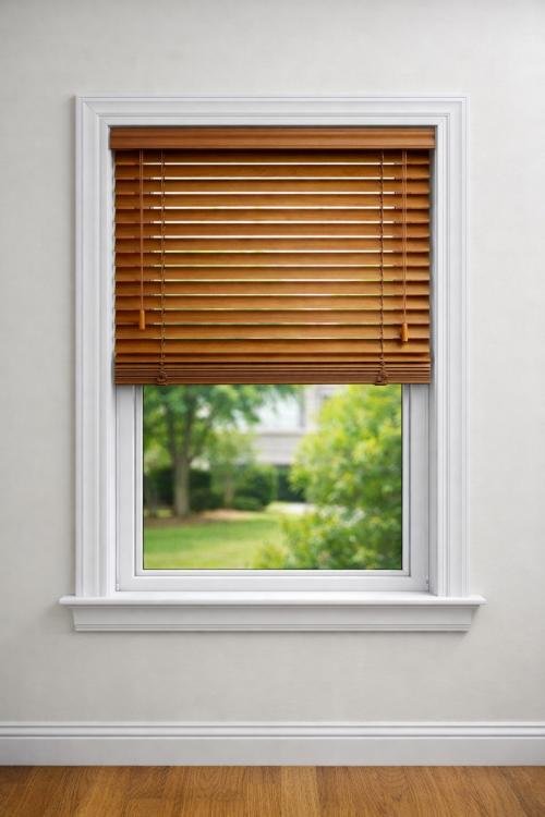 Window after venetian blind installation -- wood venetian blind fitted in residential room