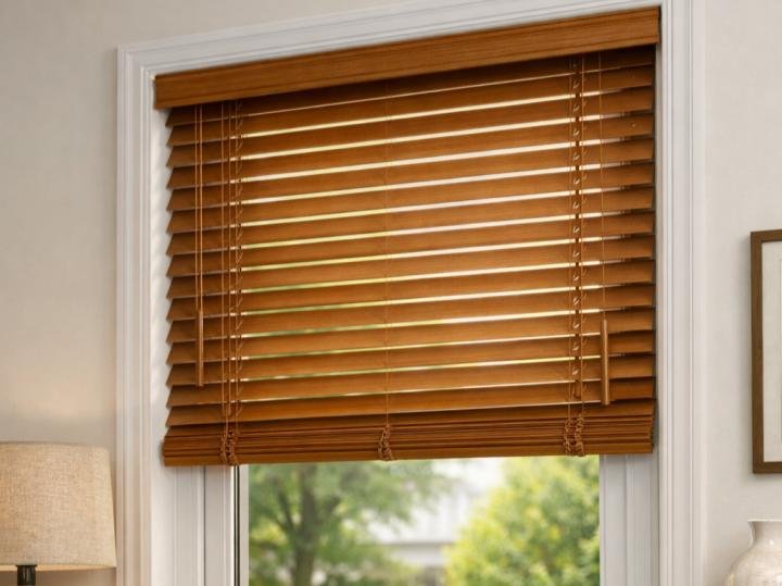 Wood venetian blinds installed in residential interior -- wholesale supply from Bright Shutters China