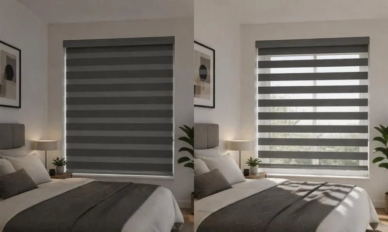 Zebra blinds installed in a living room showing dual-layer light control effect