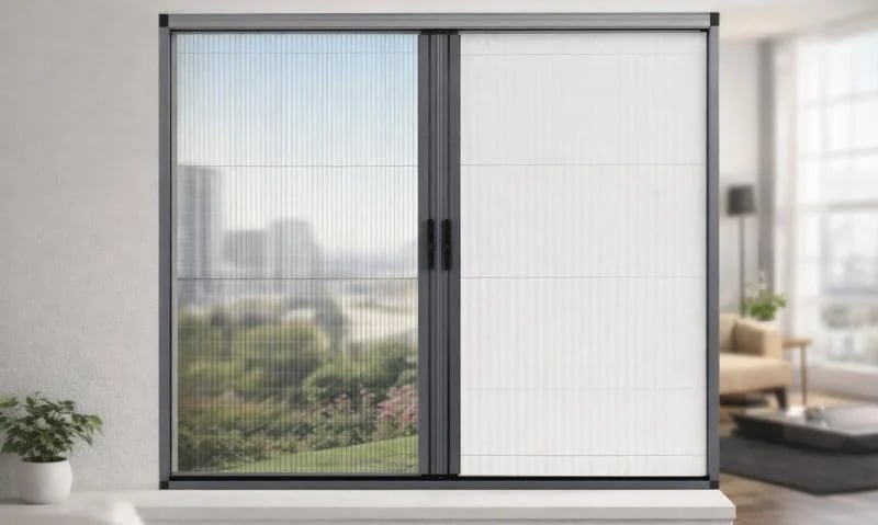 Retractable roller flyscreen installed on a residential window -- insect screen blind