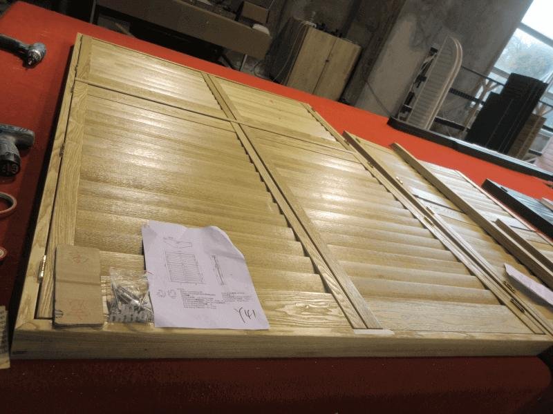 Ash wood plantation shutters -- pronounced grain pattern detail